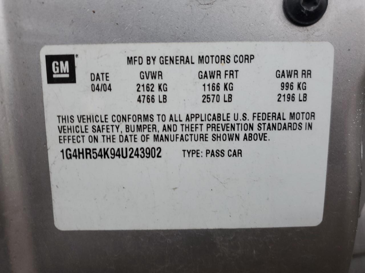 2004 Buick LeSabre VIN 1G4HR54K94U243902 Copart auction photo, frame damage damage thumbnail 12