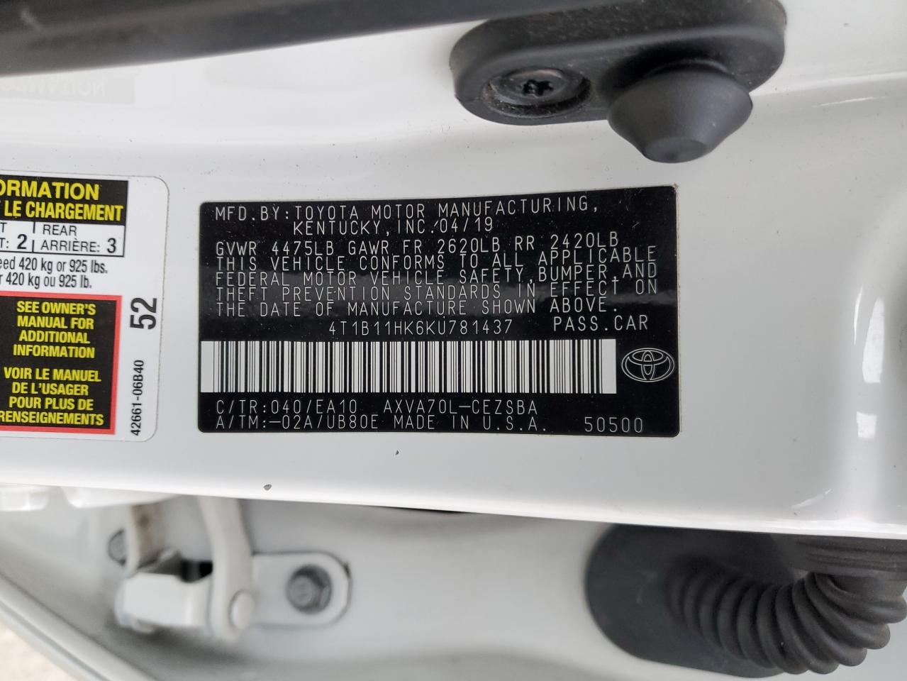 2019 Toyota Camry VIN 4T1B11HK6KU781437 Copart auction photo, rear end / front end damage thumbnail 12