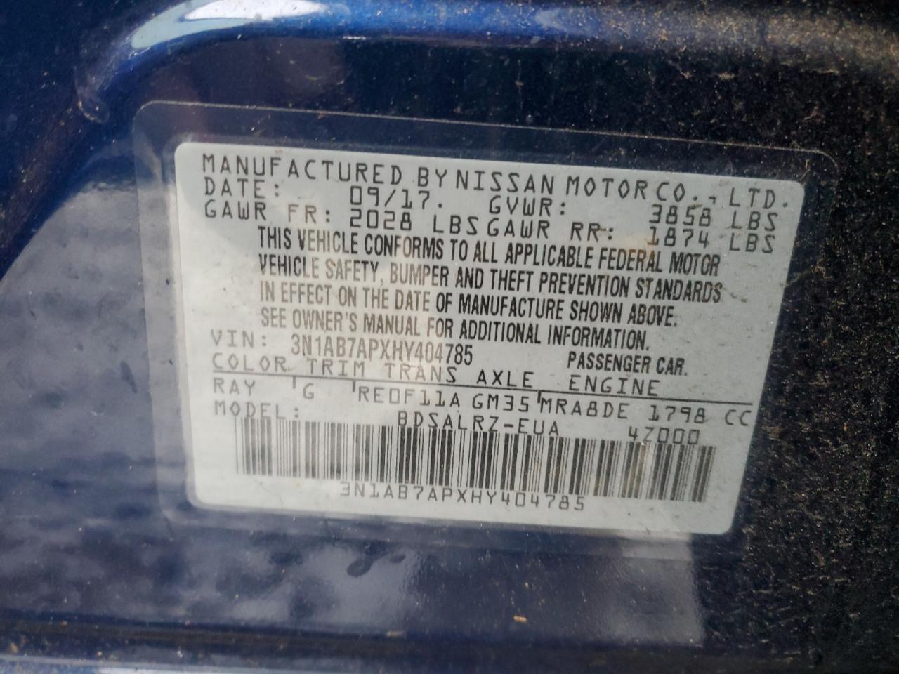 2017 Nissan Sentra VIN 3N1AB7APXHY404785 Copart auction photo, rear end damage thumbnail 12