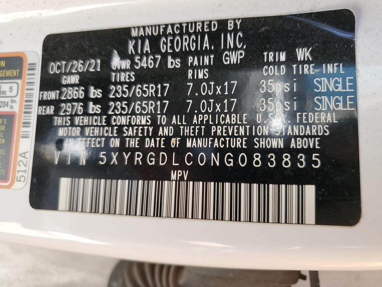 2022 KIA Sorento VIN 5XYRGDLC0NG083835 Copart auction photo, water/flood damage thumbnail 13