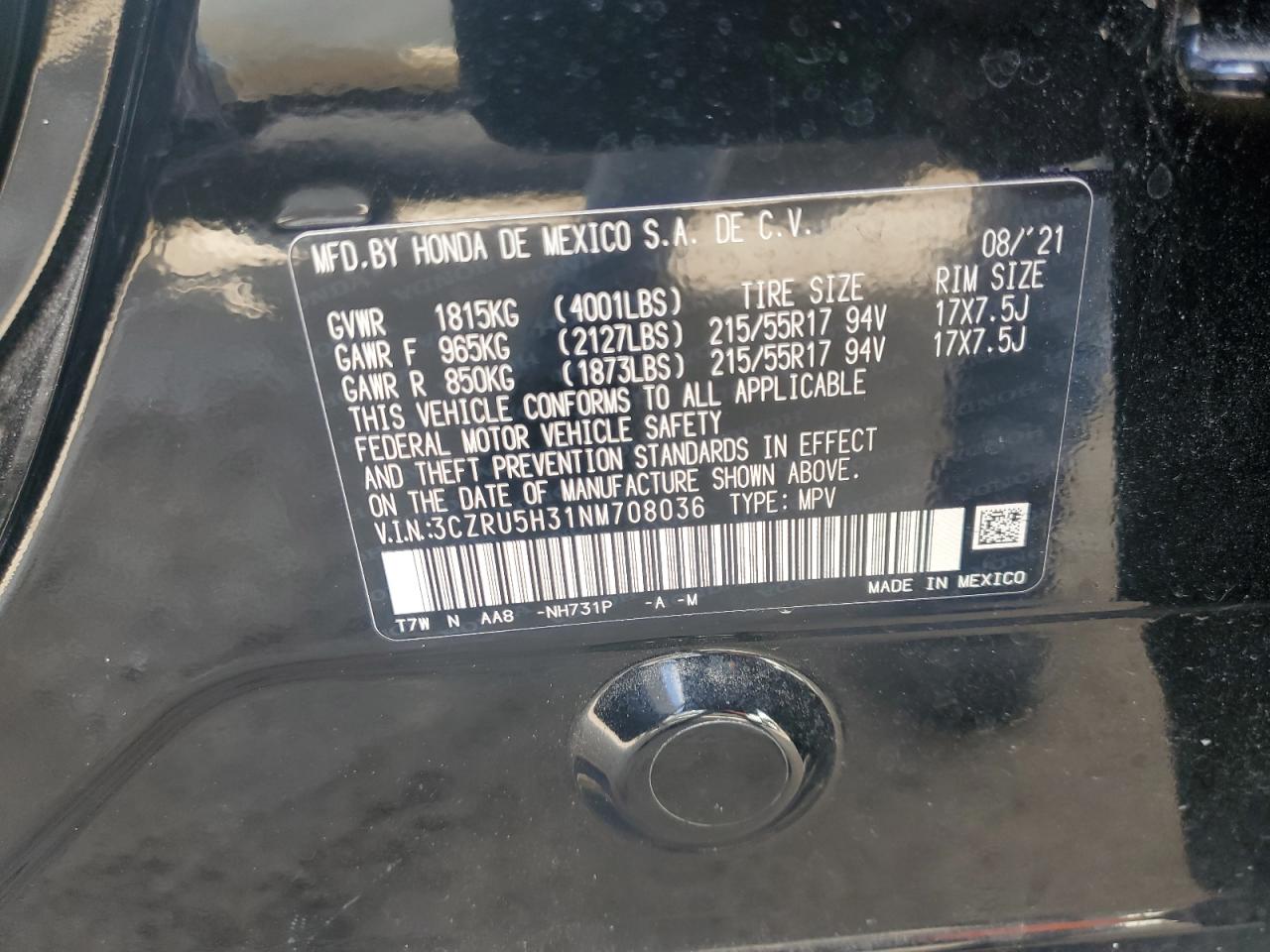 2022 Honda HR-V VIN 3CZRU5H31NM708036 Copart auction photo, front end damage thumbnail 13