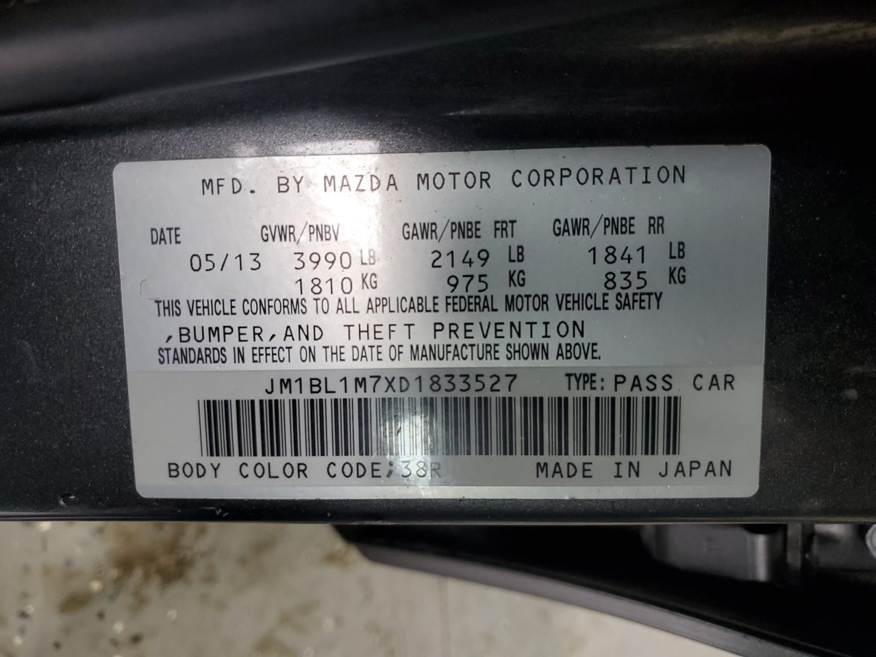2013 Mazda 3 VIN JM1BL1M7XD1833527 Copart auction photo, side / frame damage damage thumbnail 14