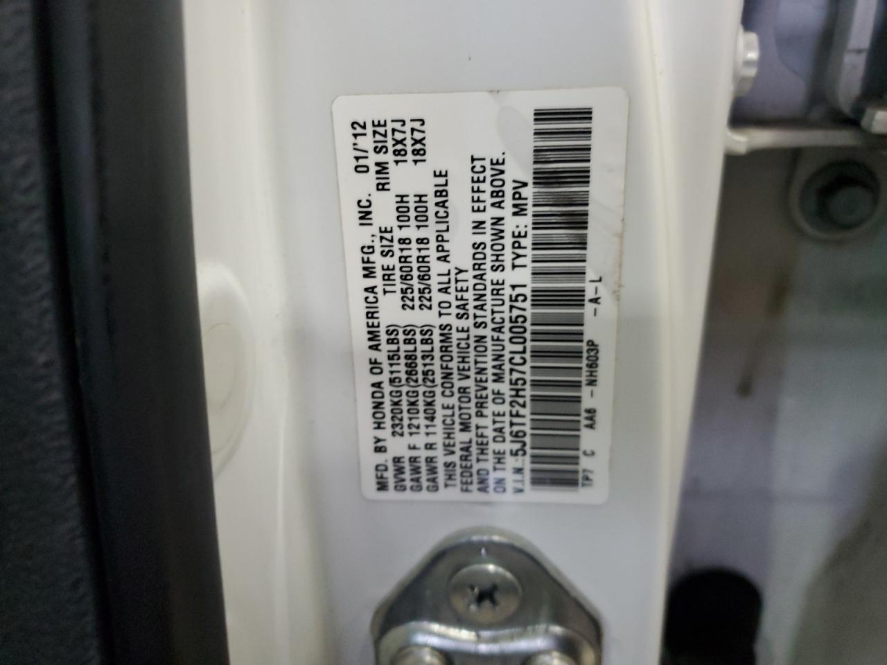 2012 Honda Crosstour VIN 5J6TF2H57CL005751 Copart auction photo, side / stripped damage thumbnail 13