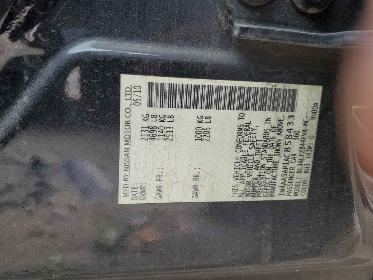 2010 Nissan Maxima VIN 1N4AA5AP1AC858433 Copart auction photo, front end / side damage thumbnail 13