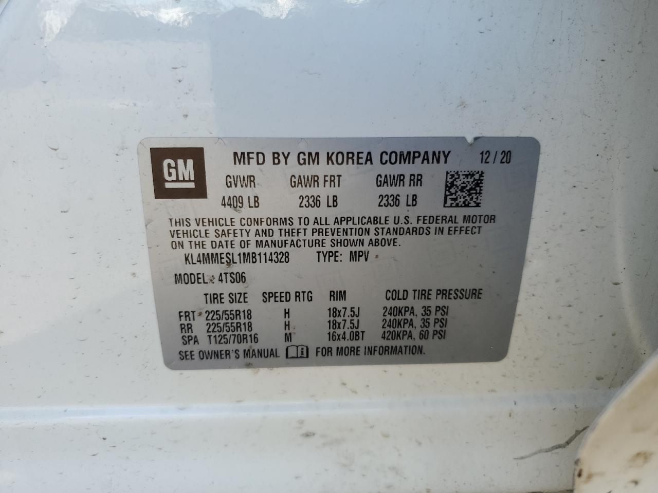 2021 Buick Encore VIN KL4MMESL1MB114328 Copart auction photo, side / rear end damage thumbnail 14