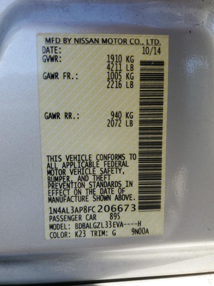 2015 Nissan Altima VIN 1N4AL3AP8FC206673 Copart auction photo, side damage thumbnail 14