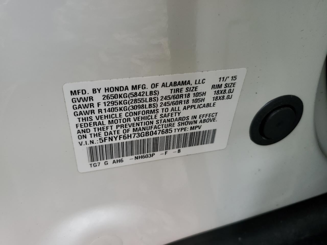 2016 Honda Pilot VIN 5FNYF6H73GB047685 Copart auction photo, front end damage thumbnail 15