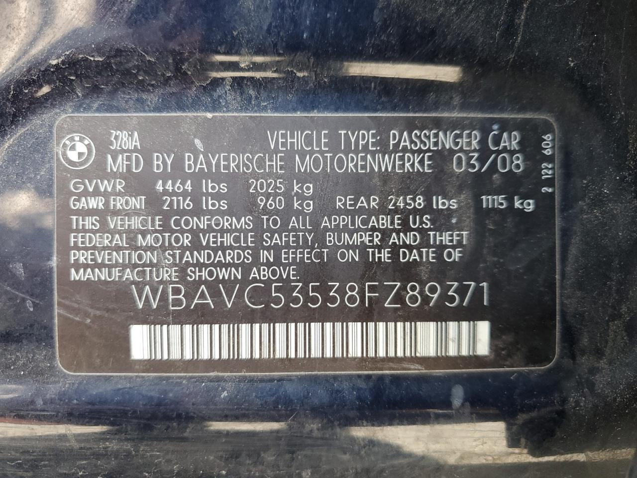 2008 BMW 3er VIN WBAVC53538FZ89371 Copart auction photo, front end / mechanical damage thumbnail 12