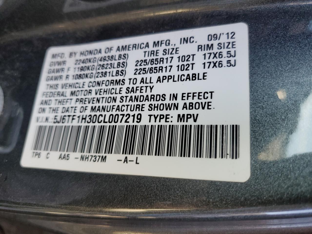 2012 Honda Crosstour VIN 5J6TF1H30CL007219 Copart auction photo, front end / undercarriage damage thumbnail 13
