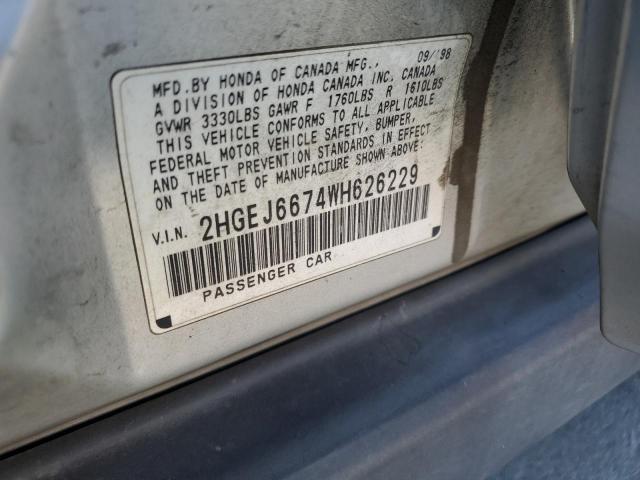 1998 Honda Civic VIN 2HGEJ6674WH626229 Copart auction photo, front end / side damage thumbnail 12