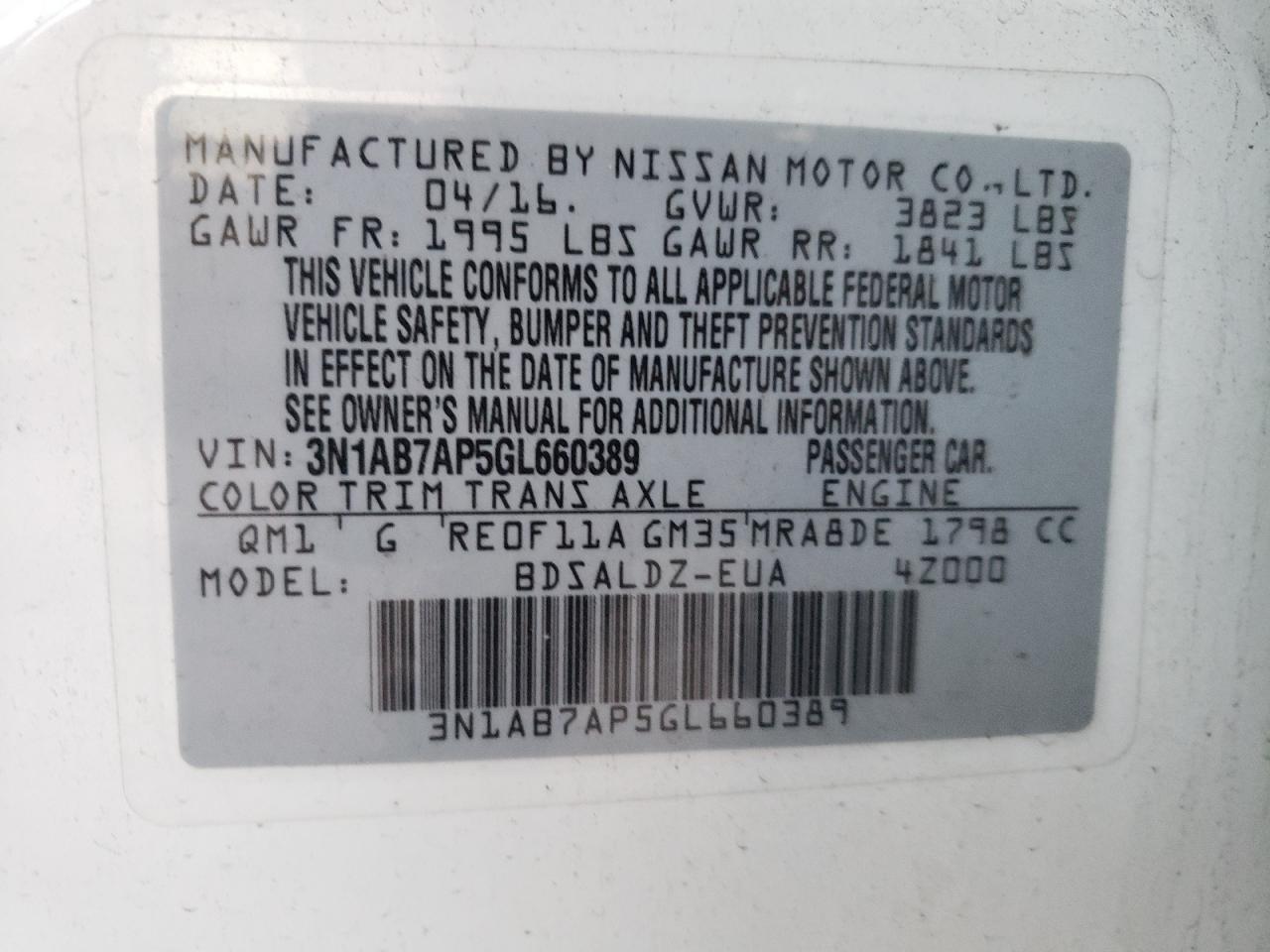 2016 Nissan Sentra VIN 3N1AB7AP5GL660389 Copart auction photo, front end / side damage thumbnail 15