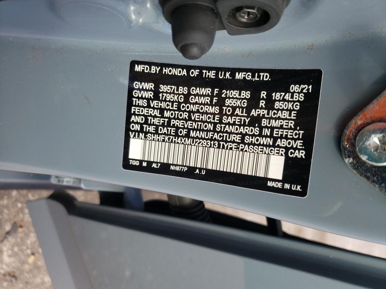 2021 Honda Civic VIN SHHFK7H4XMU229313 Copart auction photo, front end damage thumbnail 13