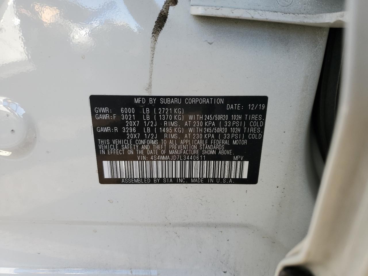2020 Subaru Ascent VIN 4S4WMAJD7L3440611 Copart auction photo, hail damage thumbnail 13