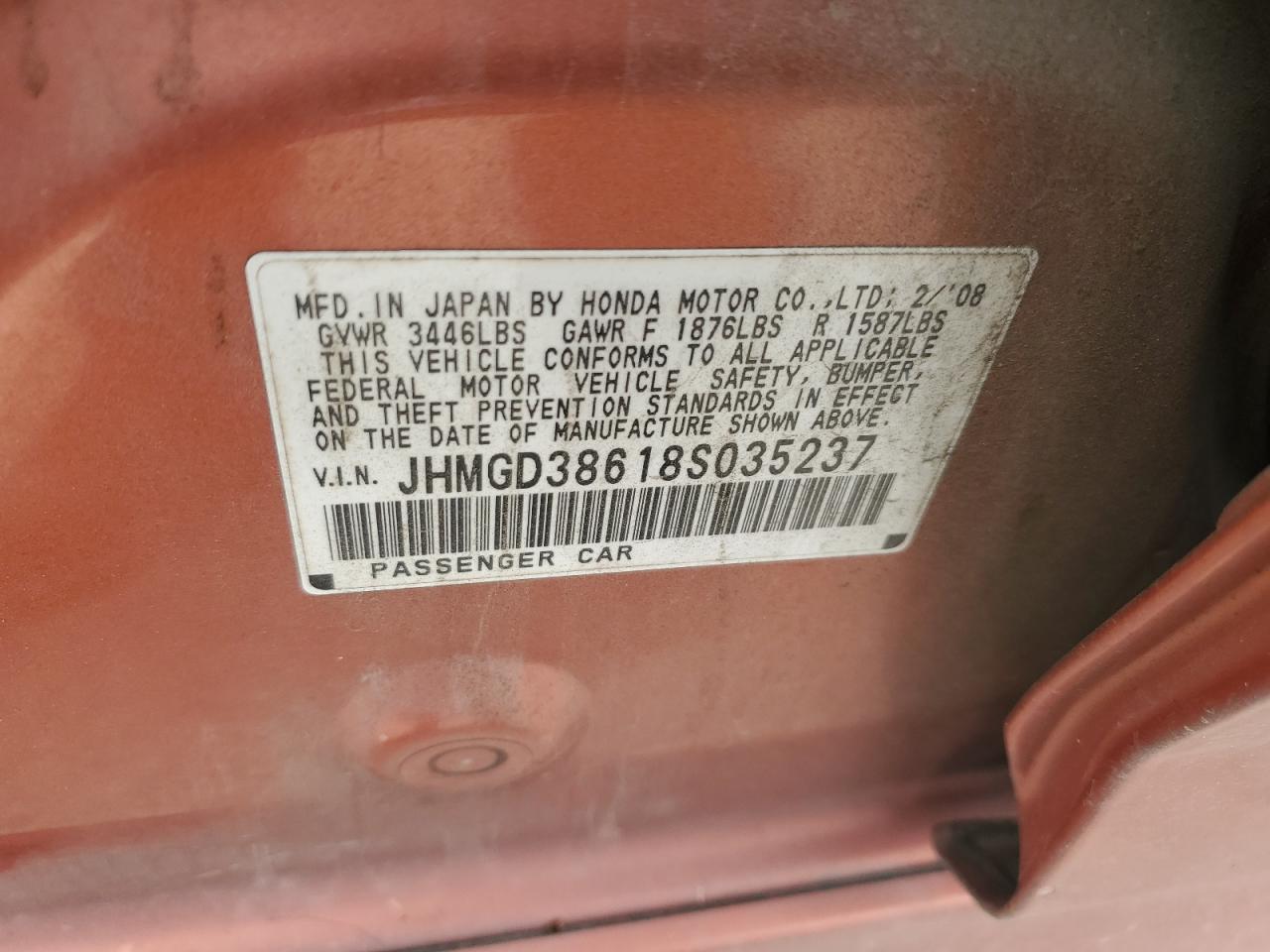 2008 Honda Fit VIN JHMGD38618S035237 Copart auction photo, front end damage thumbnail 12