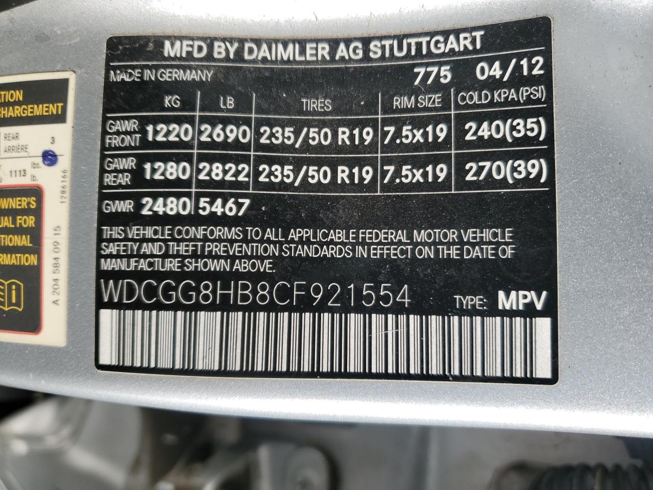 2012 Mercedes-Benz GLK-klasse VIN WDCGG8HB8CF921554 Copart auction photo, side damage thumbnail 13