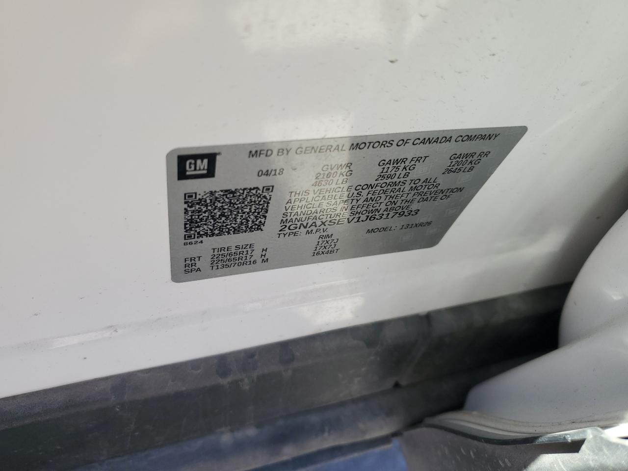2018 Chevrolet Equinox VIN 2GNAXSEV1J6317933 Copart auction photo, front end / side damage thumbnail 13