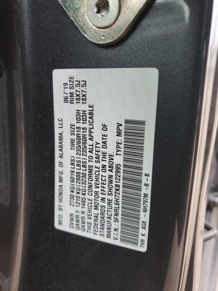 2019 Honda Odyssey VIN 5FNRL6H72KB122995 Copart auction photo, side / rear end damage thumbnail 13