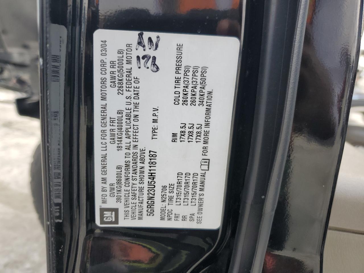 2004 Hummer H2 VIN 5GRGN23U54H118187 Copart auction photo, water/flood / minor dent/scratches damage thumbnail 14