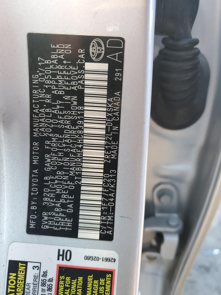 2017 Toyota Corolla VIN 2T1BURHE4HC839118 Copart auction photo, undercarriage / all over damage thumbnail 12