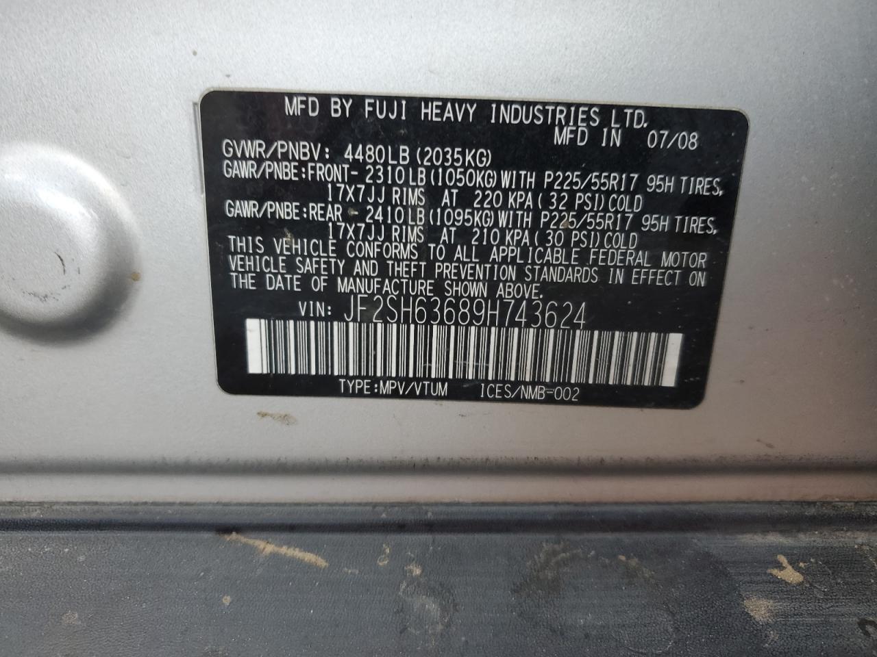 2009 Subaru Forester VIN JF2SH63689H743624 Copart auction photo, front end damage thumbnail 15