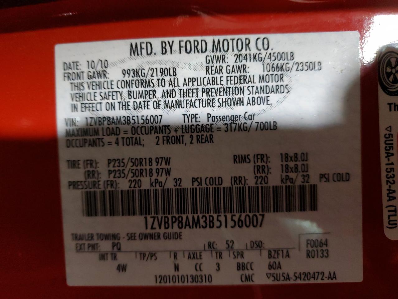 2011 Ford Mustang VIN 1ZVBP8AM3B5156007 Copart auction photo, front end damage thumbnail 13