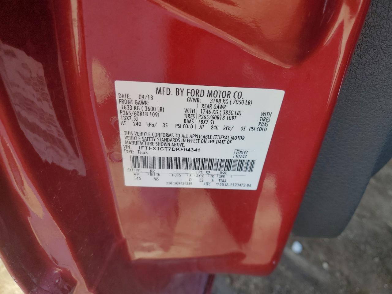 2013 Ford F-150 VIN 1FTFX1CT7DKF94341 Copart auction photo, rear end damage thumbnail 12