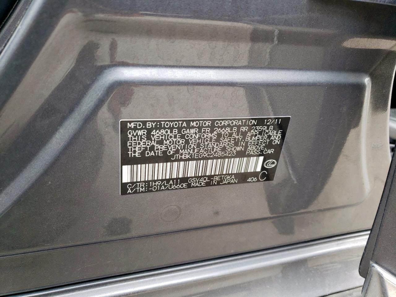 2012 Lexus ES VIN JTHBK1EG9C2485423 Copart auction photo, front end damage thumbnail 12