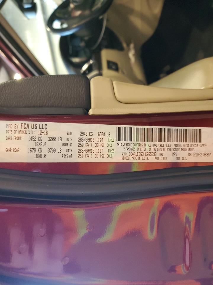 2017 Jeep Grand Cherokee VIN 1C4RJEBG3HC765399 Copart auction photo, front end damage thumbnail 15