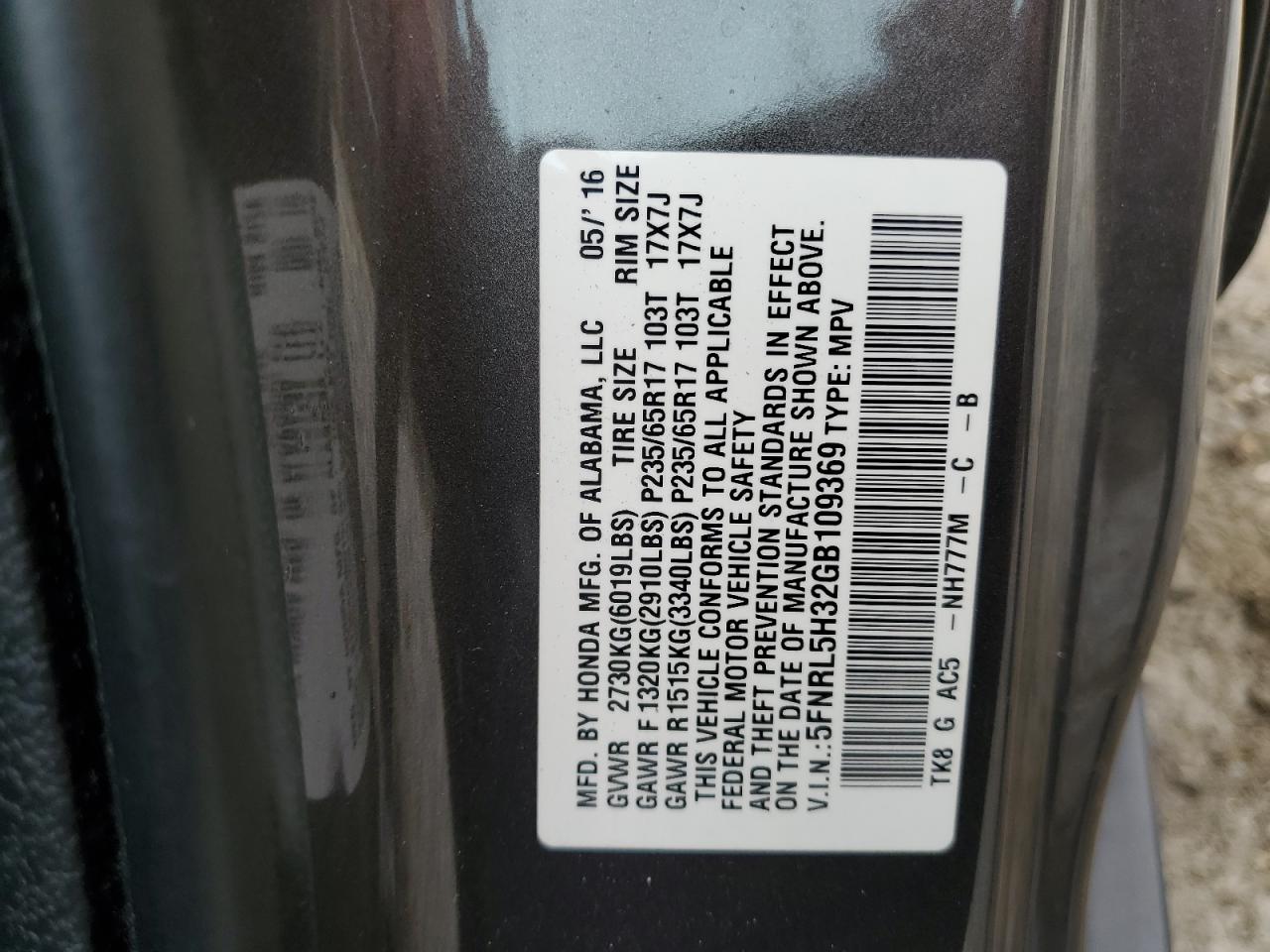 2016 Honda Odyssey VIN 5FNRL5H32GB109369 Copart auction photo, front end damage thumbnail 16