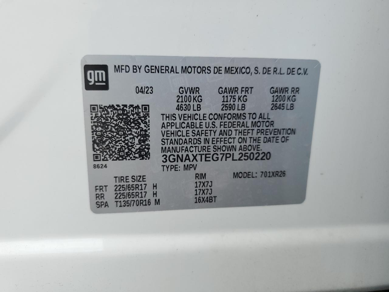 2023 Chevrolet Equinox VIN 3GNAXTEG7PL250220 Copart auction photo, front end / side damage thumbnail 16