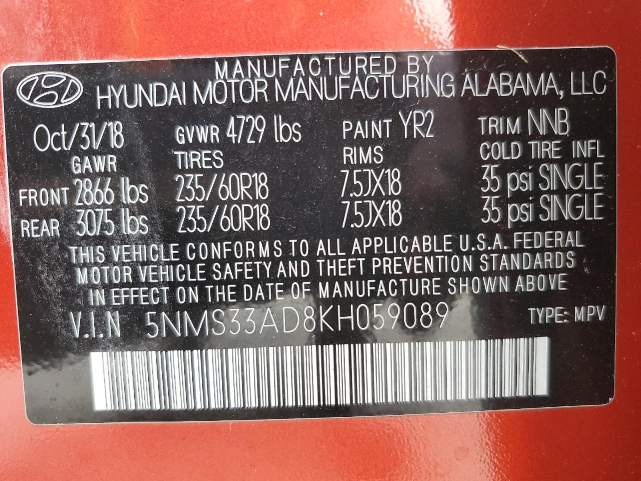 2019 Hyundai Santa Fe VIN 5NMS33AD8KH059089 Copart auction photo, front end damage thumbnail 13