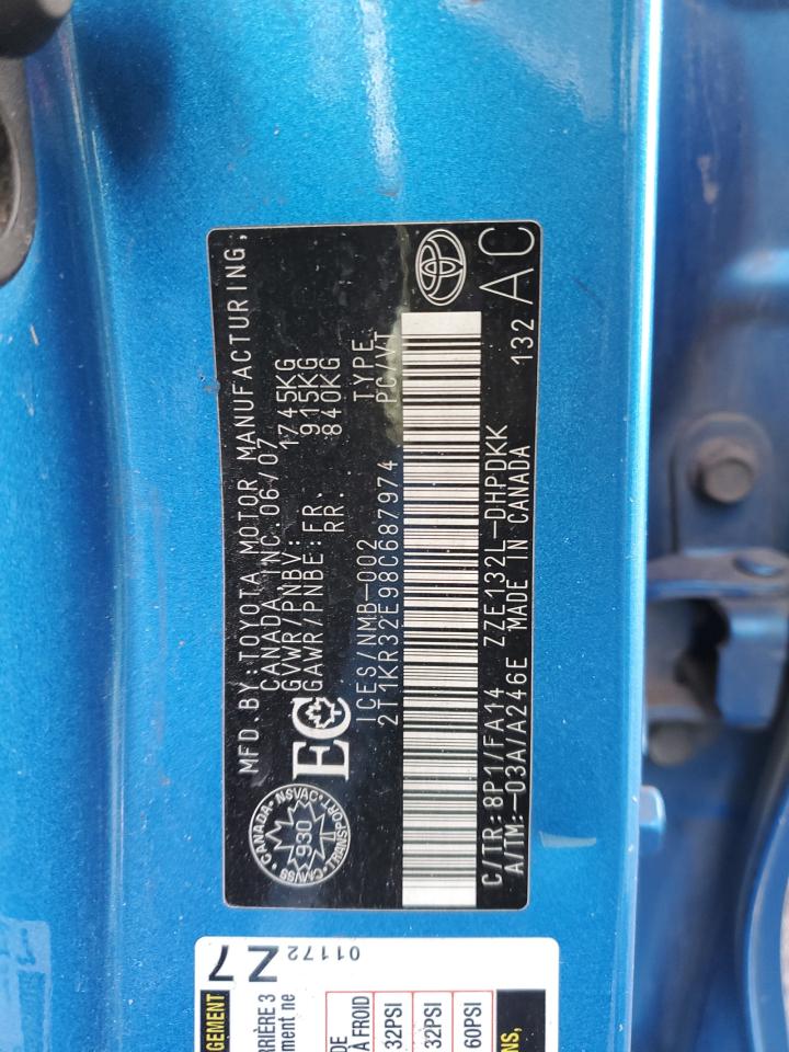 2008 Toyota Corolla VIN 2T1KR32E98C687974 Copart auction photo, all over damage thumbnail 12
