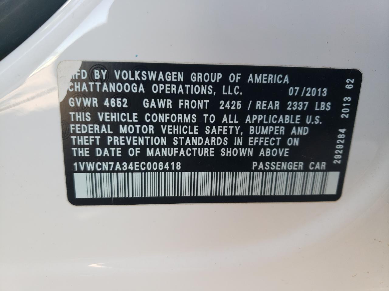 2014 Volkswagen Passat VIN 1VWCN7A34EC006418 Copart auction photo, front end damage thumbnail 15
