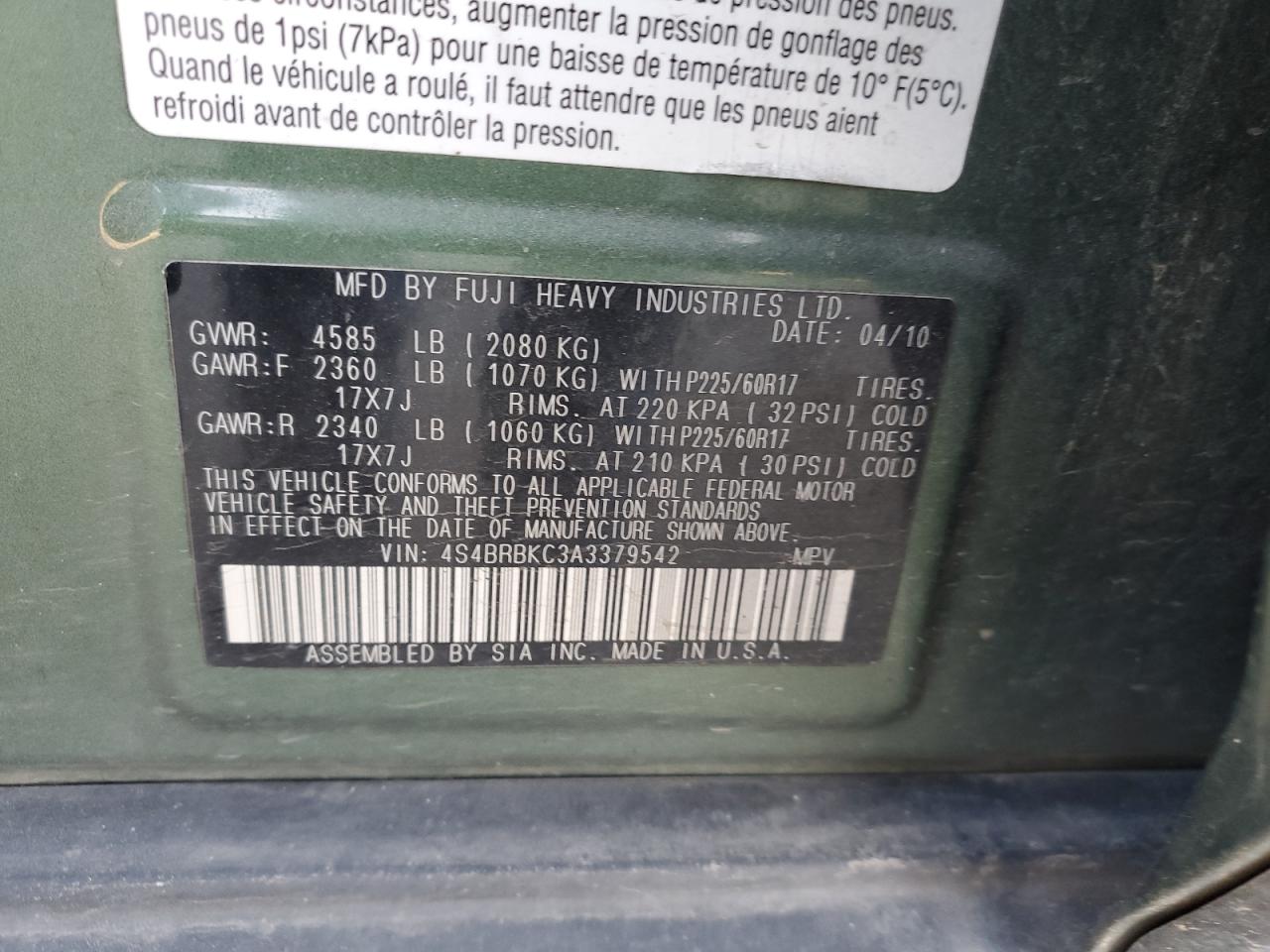 2010 Subaru Outback VIN 4S4BRBKC3A3379542 Copart auction photo, front end / rear end damage thumbnail 13