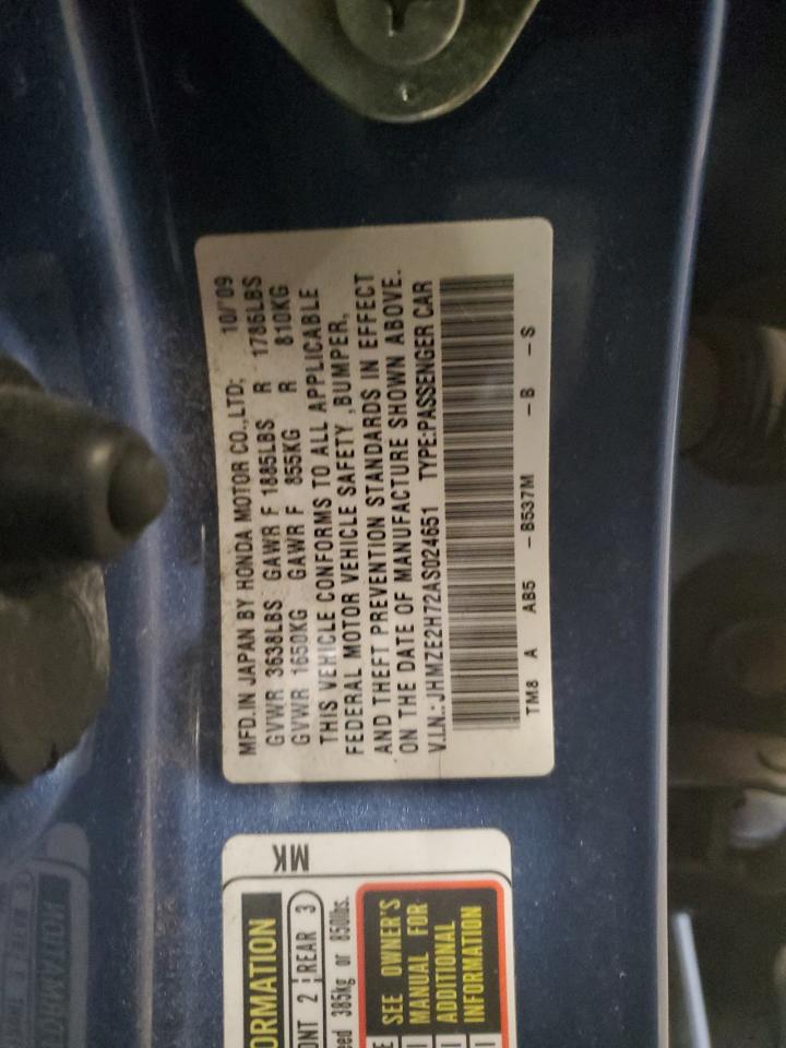 2010 Honda Insight VIN JHMZE2H72AS024651 Copart auction photo, front end damage thumbnail 16