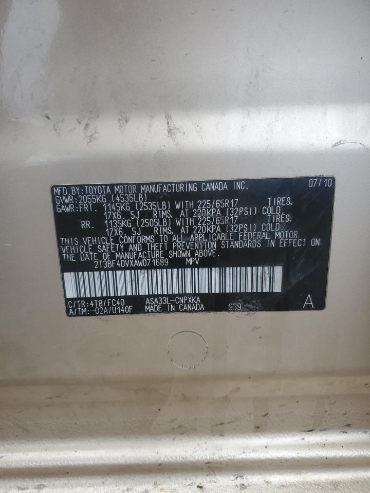 2010 Toyota RAV 4 VIN 2T3BF4DVXAW071689 Copart auction photo, front end / side damage thumbnail 14