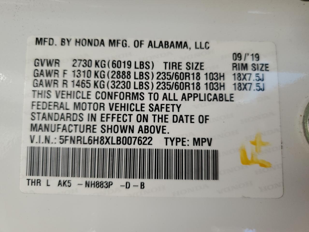 2020 Honda Odyssey VIN 5FNRL6H8XLB007622 Copart auction photo, front end damage thumbnail 16