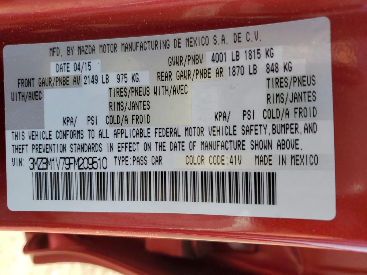 2015 Mazda 3 VIN 3MZBM1V79FM209510 Copart auction photo, side / minor dent/scratches damage thumbnail 12