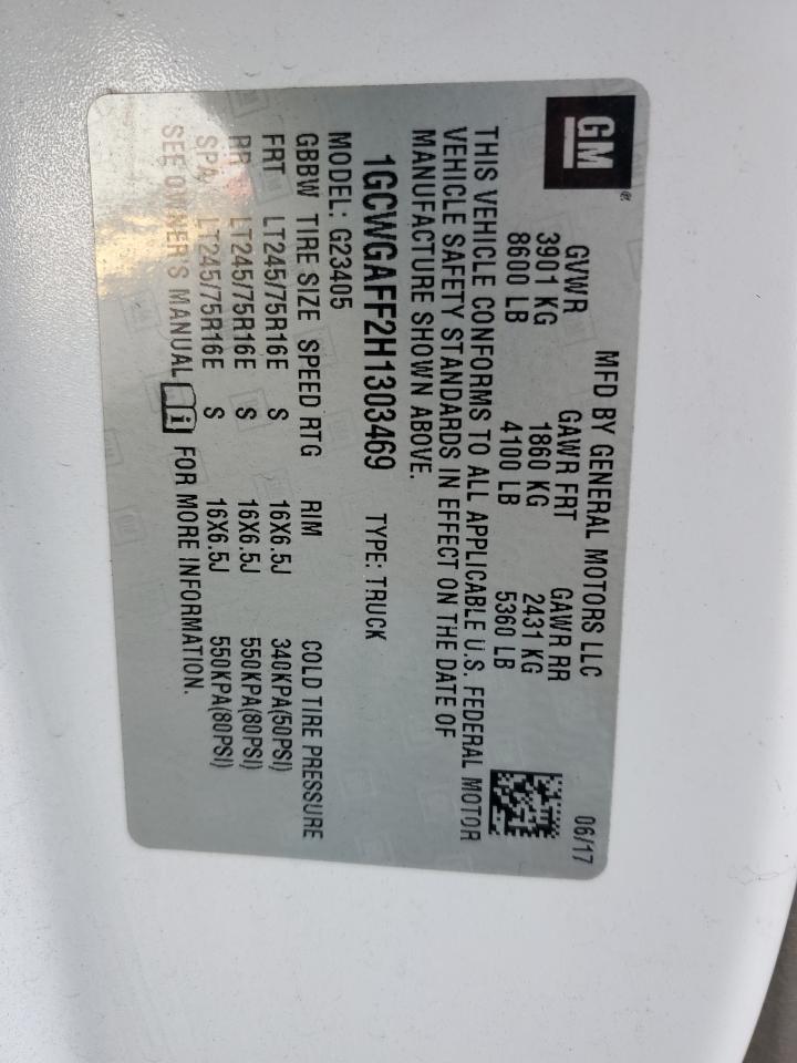 2017 Chevrolet Express VIN 1GCWGAFF2H1303469 Copart auction photo, rear end damage thumbnail 13