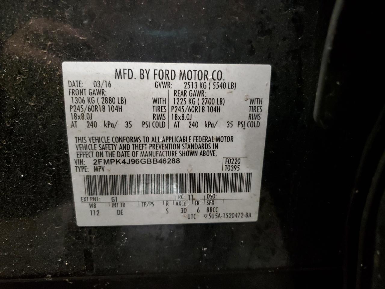 2016 Ford Edge VIN 2FMPK4J96GBB46288 Copart auction photo, front end / rear end damage thumbnail 13