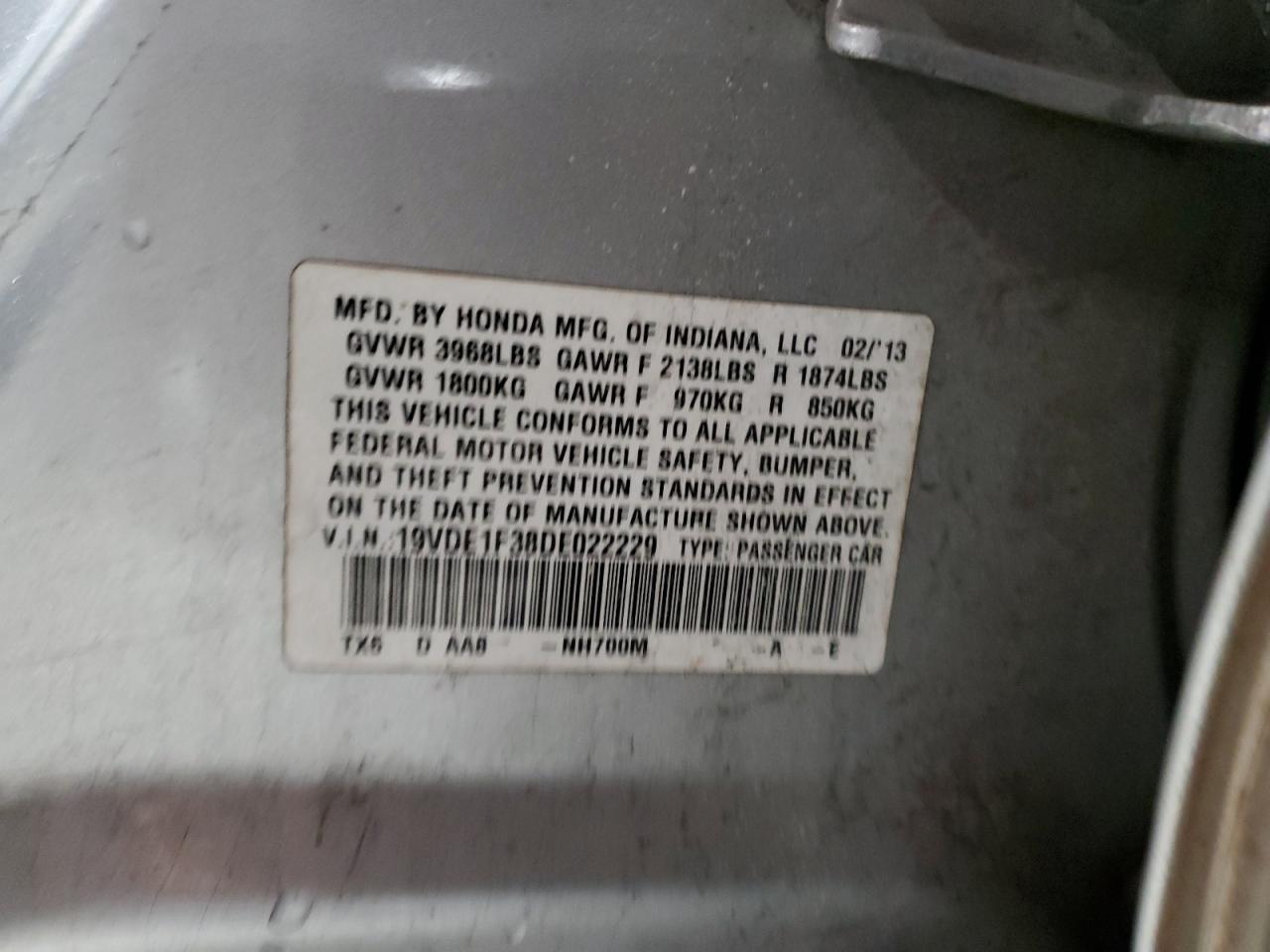 2013 Acura ILX VIN 19VDE1F38DE022229 Copart auction photo, front end damage thumbnail 13