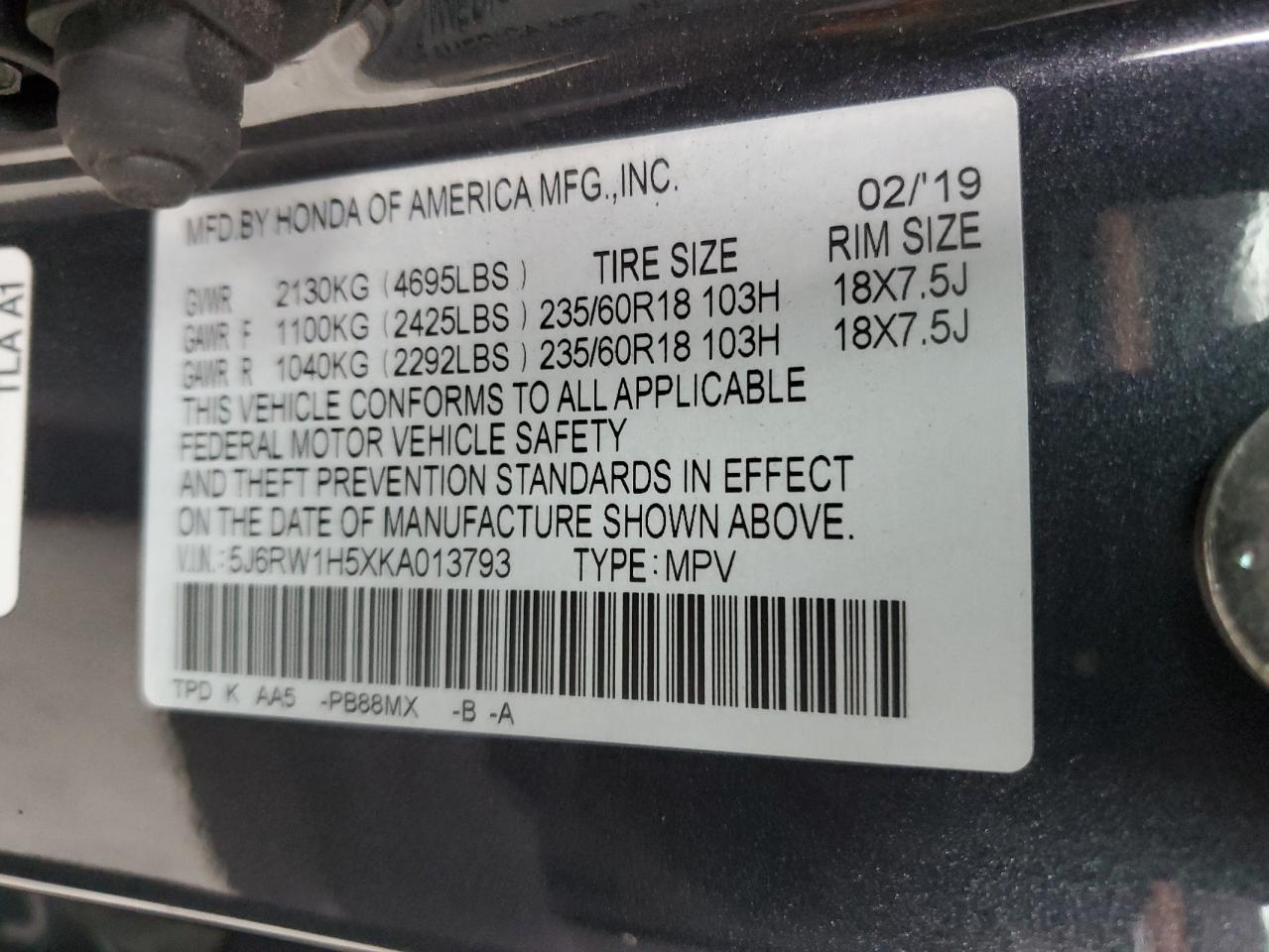 2019 Honda CR-V VIN 5J6RW1H5XKA013793 Copart auction photo, minor dent/scratches damage thumbnail 13