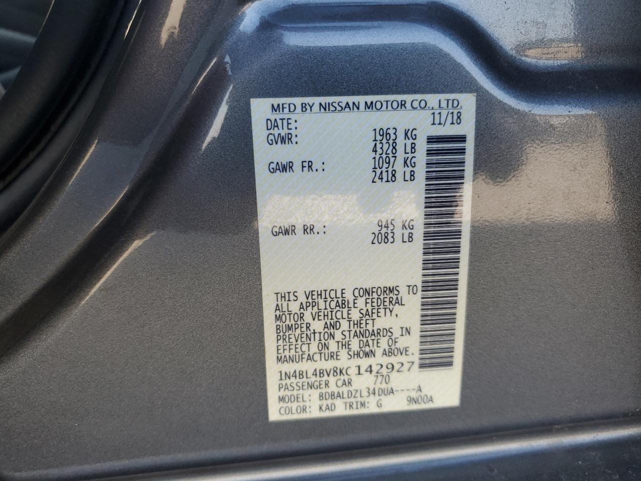 2019 Nissan Altima VIN 1N4BL4BV8KC142927 Copart auction photo, side / minor dent/scratches damage thumbnail 12