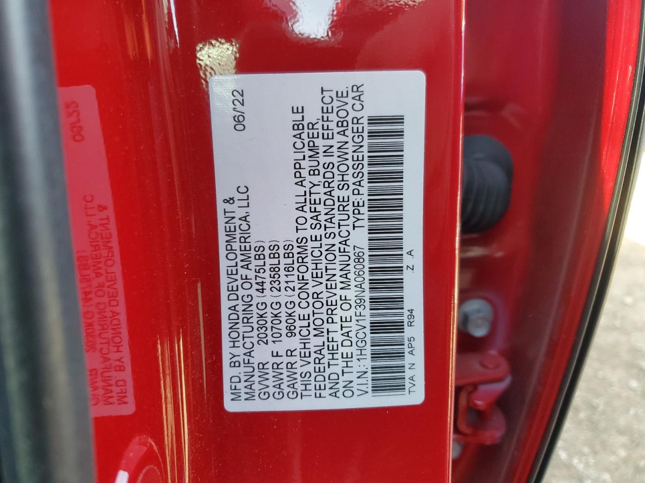 2022 Honda Accord VIN HGCV1F39NA060867 Copart auction photo, front end damage thumbnail 13