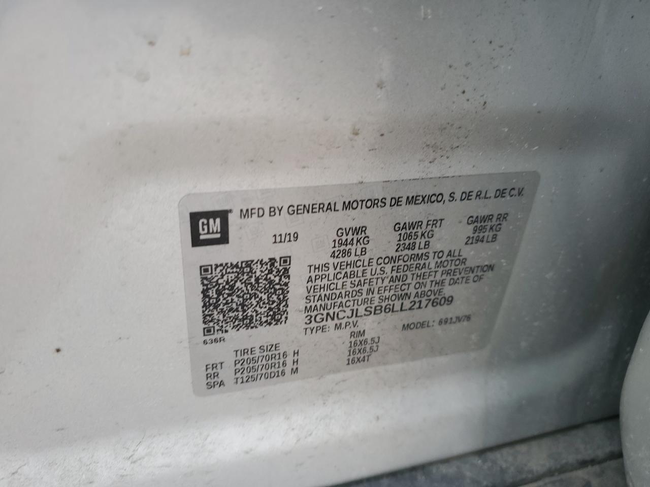 2020 Chevrolet Trax VIN 3GNCJLSB6LL217609 Copart auction photo, front end damage thumbnail 14