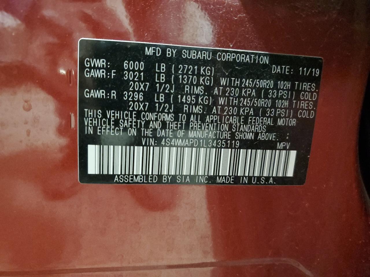 2020 Subaru Ascent VIN 4S4WMAPD1L3435119 Copart auction photo, front end damage thumbnail 14