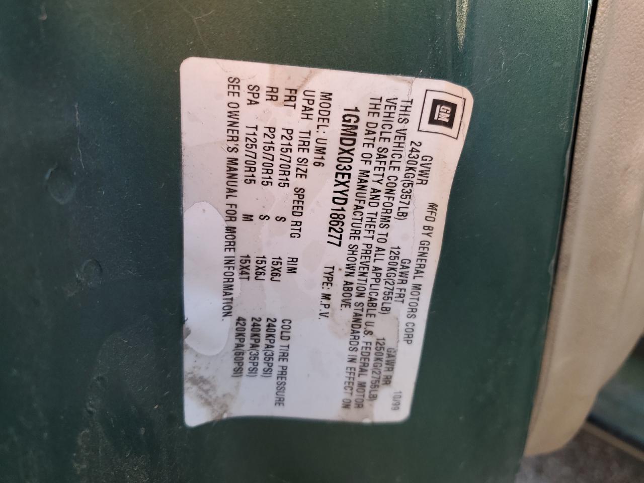 2000 Pontiac Montana VIN 1GMDX03EXYD186277 Copart auction photo, rear end damage thumbnail 13