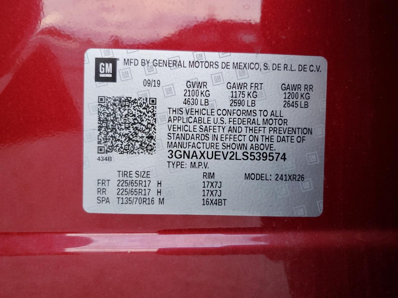 2020 Chevrolet Equinox VIN 3GNAXUEV2LS539574 Copart auction photo, front end damage thumbnail 15