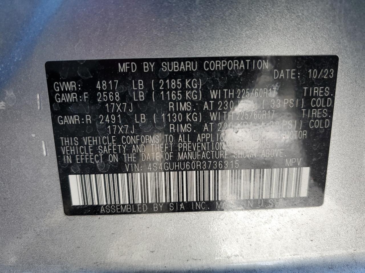 2024 Subaru XV VIN 4S4GUHU60R3736315 Copart auction photo, front end / minor dent/scratches damage thumbnail 12