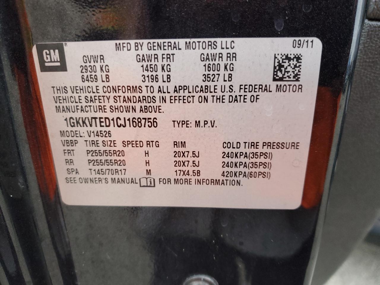 2012 GMC Acadia VIN 1GKKVTED1CJ168756 Copart auction photo, burn damage thumbnail 13